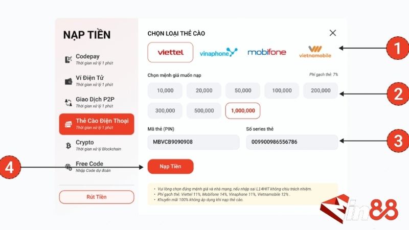 Các bước nạp tiền vào nhà cái Min88 bằng thẻ cào điện thoại